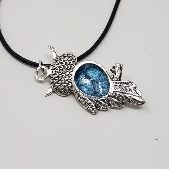 Owl Pendant Necklace w/ Blue Sparkle Resin Body & Eyes - Picture 6 of 8